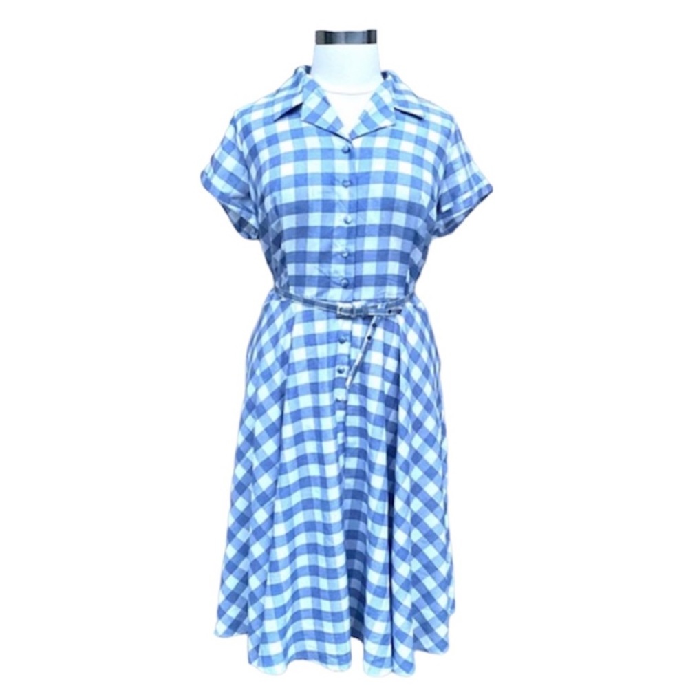 UNIQUE VINTAGE dress plaid Blue Gingham Alexis Swing Dress belted POCKET 3X 3XL